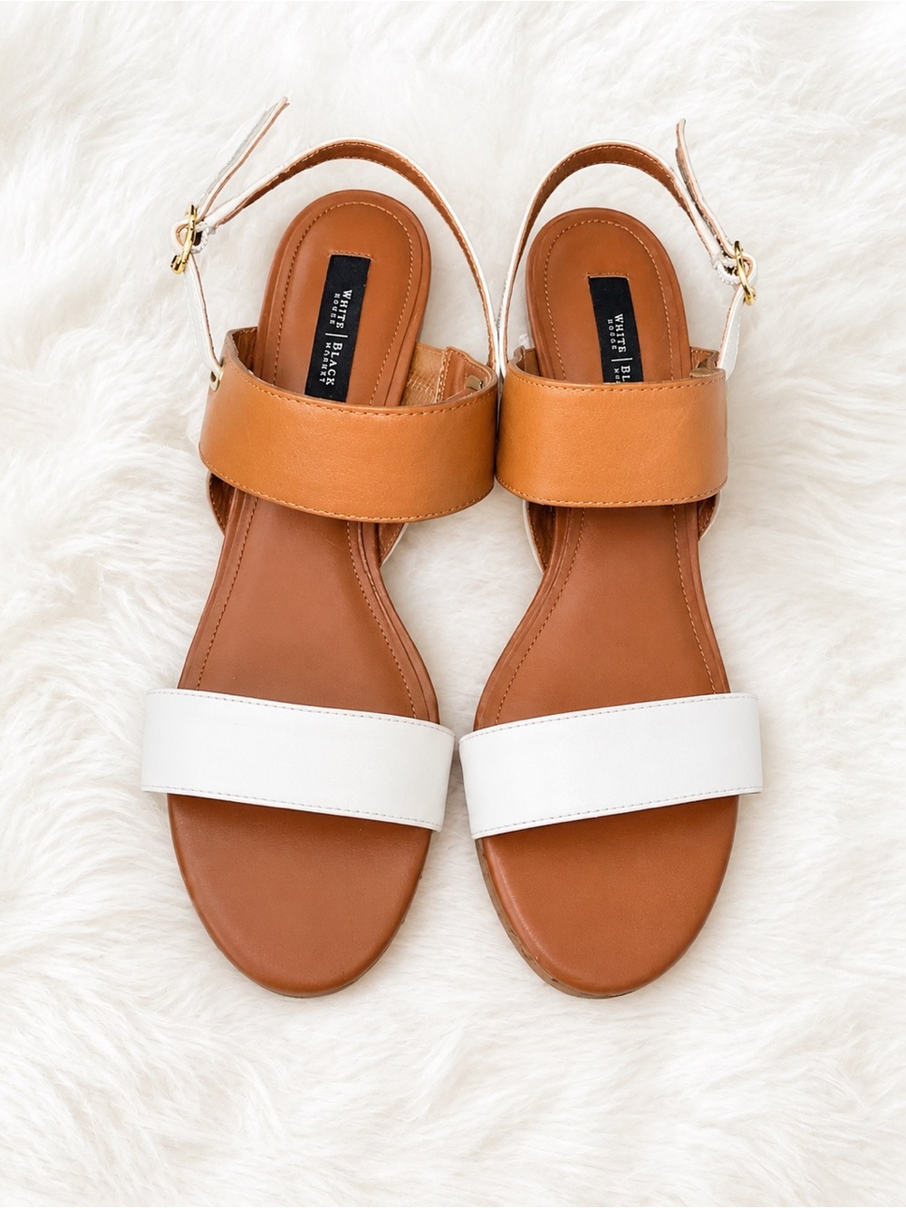 White House Black Market Cork Wedge Sandals Neutral Tan White Platform Heels
